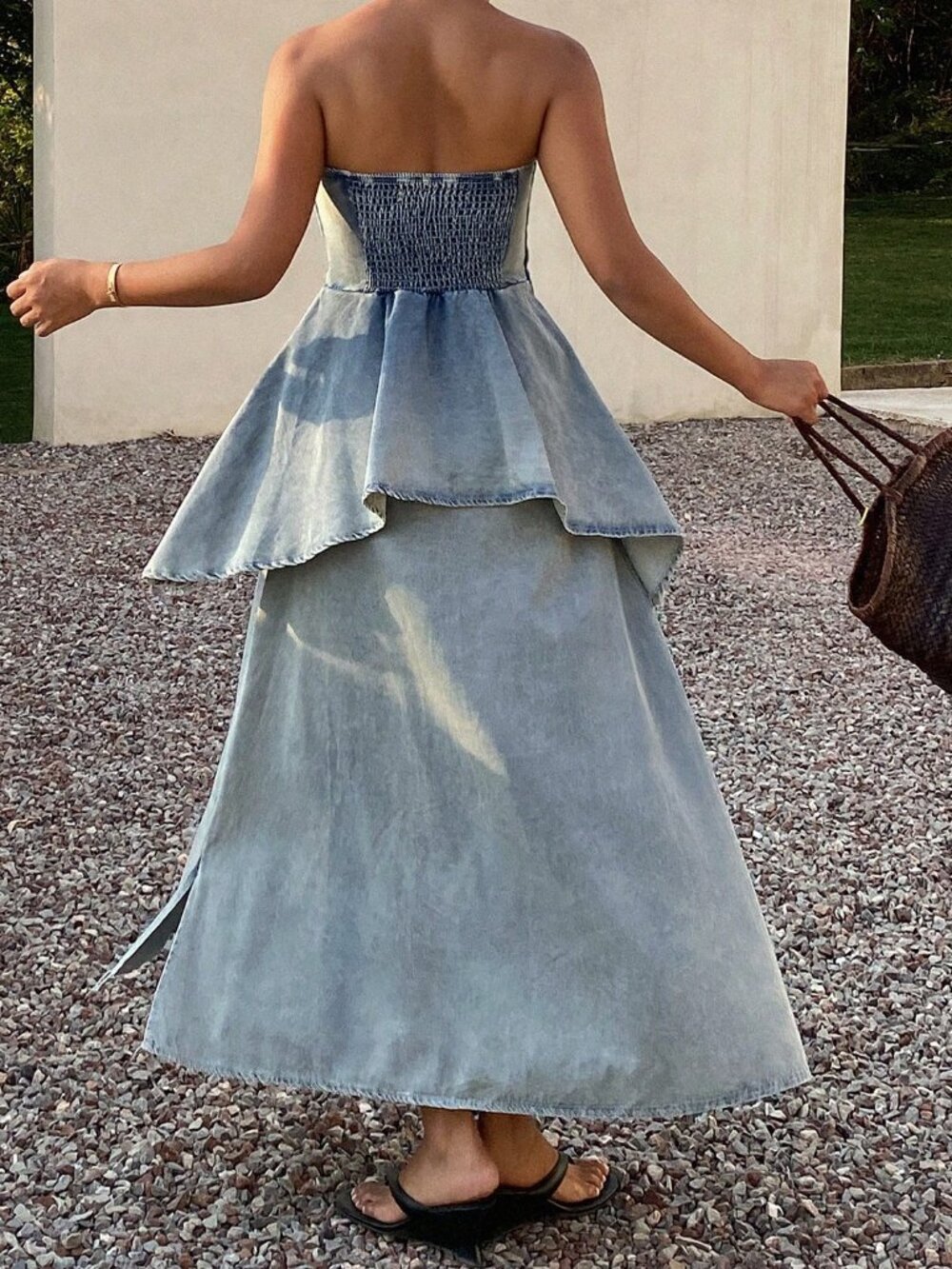 Blue Casual Bohemian Women's Midi Denim Dress with Spaghetti Straps - Picture 2 of 7